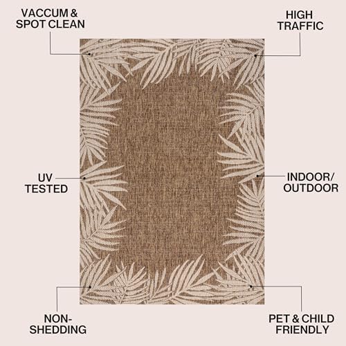 JONATHAN Y Tuscan Sun Polypropylene Indoor Outdoor Area Rug, Brown and Cream Isla Coastal Cottage Palm Frond Border Design, 5'3" x 7'7", Durable Low-Pile for Patio or Entryway TSN207H-5 - Image 2