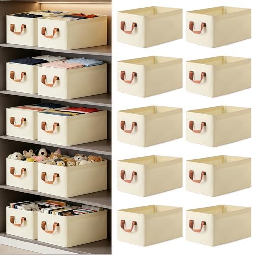 VZZNN 10 Pack Fabric Storage Bins for Shelves, Medium Closet Organizer Baskets with Sturdy Handles, Collapsible Clothes Bins for Closet Organization, Beige 15"x10"x8" by VZZNN