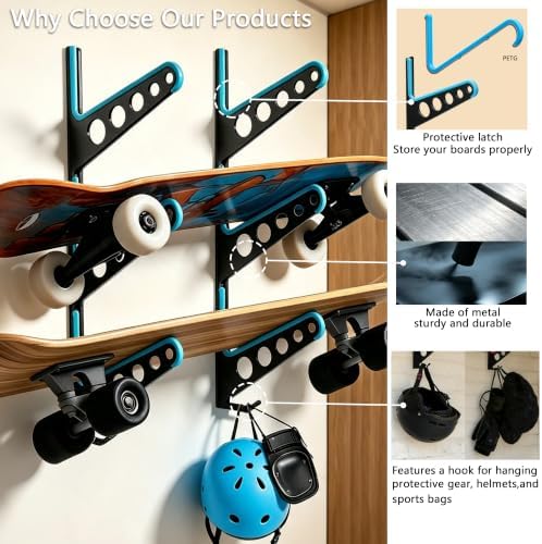 Skateboard Rack Wall Mount with Hooks, Metal Holder for Longboards, Snowboards and Skis, Sports Equipment Organizer for Home Garage - Image 2