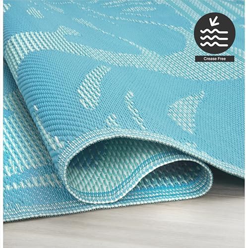 FH Home Outdoor Rug - Waterproof, Fade Resistant, Reversible - Premium Recycled Plastic - Tropical, Botanical - Patio, Deck, Porch, Balcony - Hana Leaves - Blue Crease Free - 5 x 8 ft - Image 6