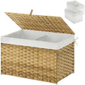 GREENSTELL Storage Basket with Lid, 17.2 Gallon(65L) Small Wicker Blanket Storage Basket with Handles, Foldable, 2 Removable Liner Bags, Metal Frame, for Bedroom, Laundry Room, Natural by Greenstell