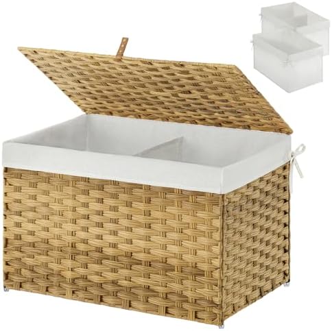 GREENSTELL Storage Basket with Lid, 17.2 Gallon(65L) Small Wicker Blanket Storage Basket with Handles, Foldable, 2 Removable Liner Bags, Metal Frame, for Bedroom, Laundry Room, Natural by Greenstell