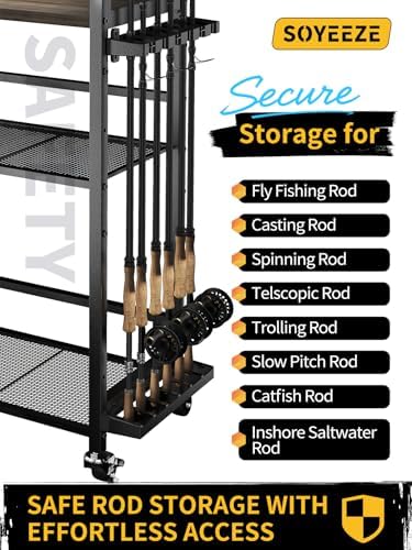 SOYEEZE Fishing Rod Holders for Garage,Fishing Gear Holder for Fishing Rod Tackle Box Storage，Fishing Pole Holders for 12 Rods with Hooks and Pegboard,Fishing Cart with Reel Rack, Standard Size - Image 5