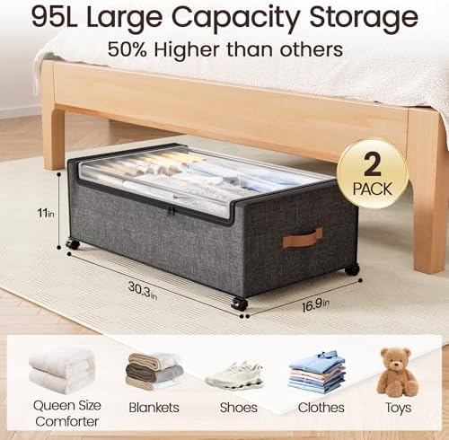 Yecaye 95L Under Bed Storage Containers, Fits 11" Under Bed, 2 Pack, Grey - Image 2