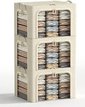 3 Openings Large Clothes Storage Bins with Metal Frame, Foldable Storage Bin for Clothes,Clothing Storage Bins with Lid, Linen Storage Box With Clear Window＆ Zippers＆ Durable Handles.(3 Pcs,Beige,66L) by Furnhome