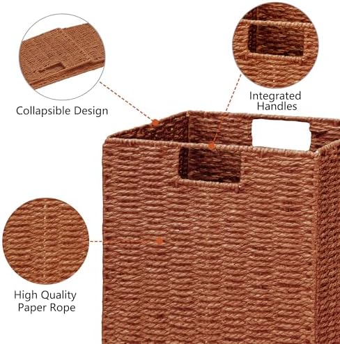 Vagusicc Wicker Storage Basket, Set of 2 Hand-Woven Paper Rope Wicker Baskets, Foldable Cube Storage Bins, 11 inch Storage Basket, Square Baskets for Organizing Shelves & Decor, Orange (11″×11″×11″) - Image 2