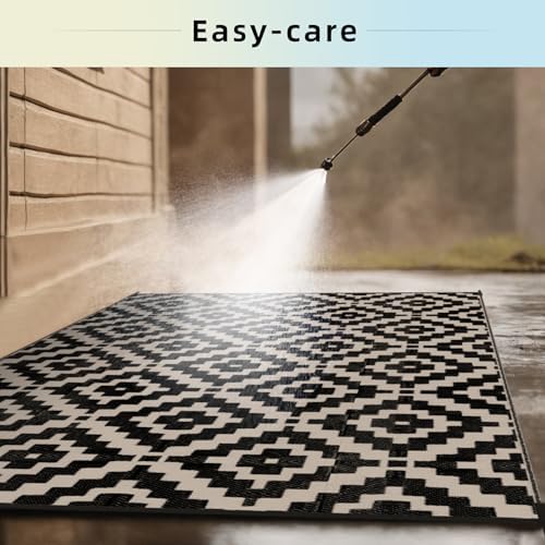Favoyard Outdoor Rug Black & Beige 8x10 ft Waterproof Reversible Carpet Mat - Image 4
