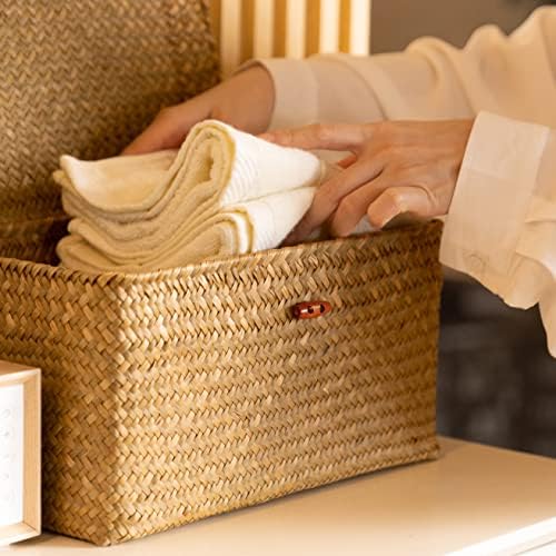 4 Pack, Wicker Baskets with Lids, Natural Seagrass Storage Baskets, Woven Rectangular Basket Bins, Rattan Storage Organizer for Shelf - Image 3