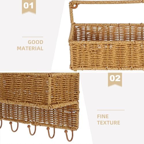 Cabilock Wall-Mounted Storage Rack 2-Tier Woven Basket Hanging Organizer with 5 Hooks for Kitchen Bathroom Entryway Fruit Vegetable Storage 16.73X10.03X5.11 Inches - Image 5
