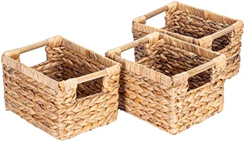 Small Wicker Baskets for Organizing Bathroom, Hyacinth Baskets for Storage, Wicker Storage Basket with Wooden Handle, Decorative Small Basket 10 x 7.5 x 6.3 inches - 3 Pack by VATIMA
