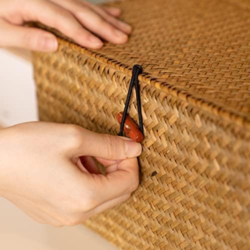 4 Pack, Wicker Baskets with Lids, Natural Seagrass Storage Baskets, Woven Rectangular Basket Bins, Rattan Storage Organizer for Shelf - Image 4