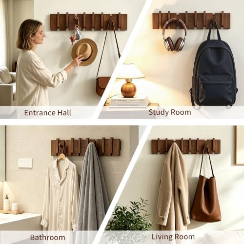 QUELLANCE Wood Coat Rack Wall Mount, Coat Hooks Hanger Wall Mounted, Heavy Duty Wall Coat Rack with 8 Hooks for Hanging Coats/Keys/Hats/Robe&Towels/Plants/Bags, Walnut - Image 5