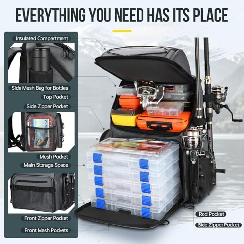 PLUSINNO Cooler Fishing Backpack with Rod Holders 45L Large Water-resistant Fishing Tackle bag Store Fishing Gear Fishing Gifts for Men Father - Image 4