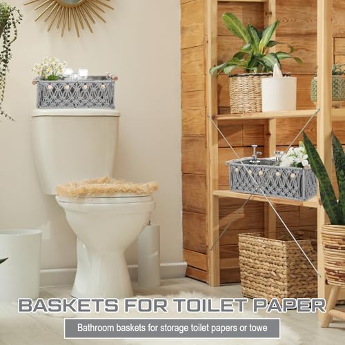 Vesici 4 Pcs Grey Macrame Storage Basket for Shelves 13 in 11 in Boho Storage Basket Hand Woven Boxes with Wood Handles Beads Decorative Countertop Toilet Tank Cabinet Organizer for Home Room Decor - Image 6