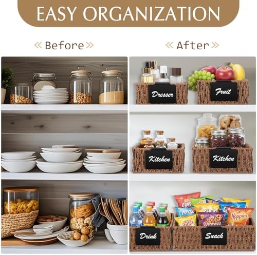 Marsui 9 Pcs Paper Rope Storage Baskets with Handle Labels Handwoven Multi-size Brown Storage Bins for Organizing Small Baskets Container for Shelves Closet Pantry Toilet - Image 6