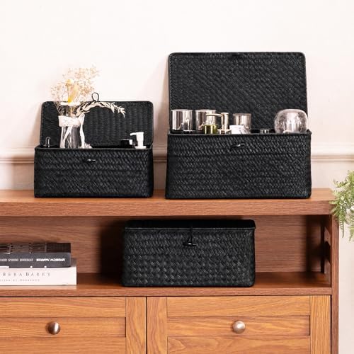 Nonam Wicker Storage Basket with Lid,Seagrass Shelf Basket Set of 3,Black - Image 5
