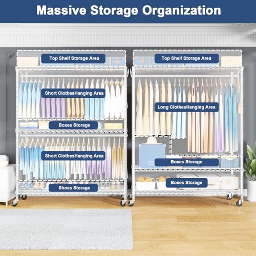 ULIFHOME P8C Max Heavy Duty Clothes Rack（With Extended Width Design） Rolling Clothing Racks for Hanging Clothes with Lockable Wheels，51.2"W x 15.8"D x 80.5"H，Load 800LBS，White Rack with Black Cover - Image 3