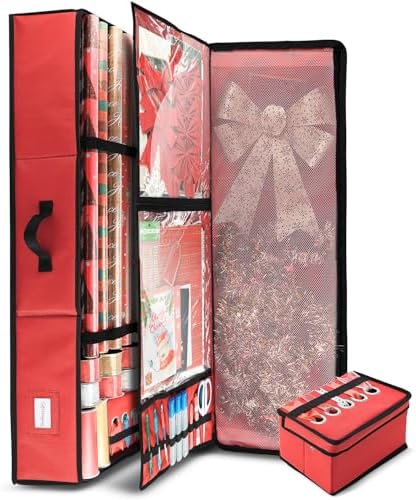 Hearth & Harbor Wrapping Paper Storage Container - Christmas Storage Bag with Ribbon Dispenser and Interior Pockets - Gift Wrap Organizer Fits Up to 26 Rolls of 40" Length, Red - Image 5
