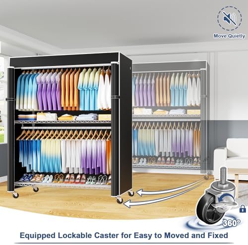 ULIFHOME P8C Max Heavy Duty Clothes Rack（With Extended Width Design） Rolling Clothing Racks for Hanging Clothes with Lockable Wheels，51.2"W x 15.8"D x 80.5"H，Load 800LBS，White Rack with Black Cover - Image 5