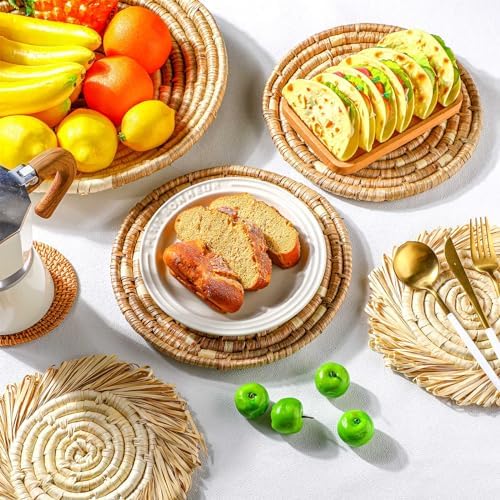 11 Pcs Boho Hanging Wall Basket Decor Handmade Woven Basket Wall Decorative Boho Wicker Baskets Placemats Round Farmhouse Bulrush Art for Rustic Home Decorations Christmas Gift(Rustic) - Image 5