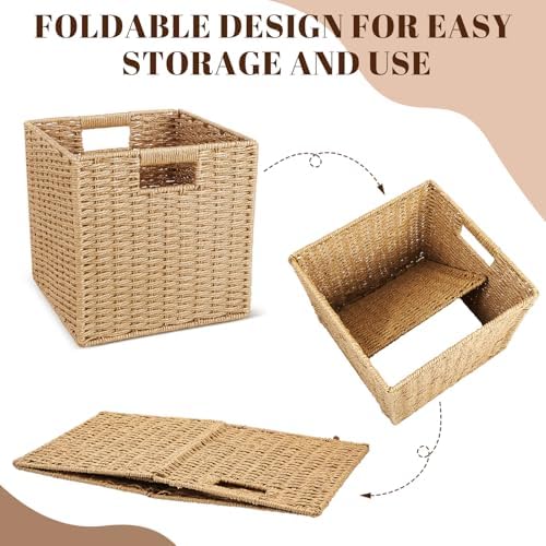 Newtay 4 Pcs Wicker Storage Baskets 13 x 13 in Cube Storage Bin Organizer Camel Square Foldable Wicker Baskets for Shelves Organizing Decor Laundry Pantry Toys - Image 5