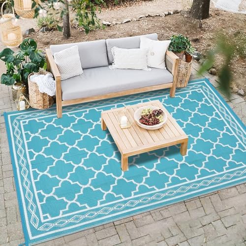 Outdoor Rug 9x12 Reversible Patio Rugs Outdoor Plastic Straw Rug Moroccan Trellis Washable Rugs Waterproof for Deck RV Outside Carpet for Patio Backyard Picnic Camp Beach Balcony Blue White - Image 3