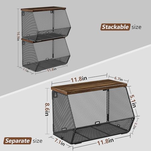 2 Tier Fruit Basket for Kitchen Counter, Stackable Onion and Potato Storage Basket, Wall Mounted Wire Basket with Wood Lid, Hanging Kitchen Storage Vegetable Organizer, 11.8 x 7.1 x 8.6 Inch - Image 6