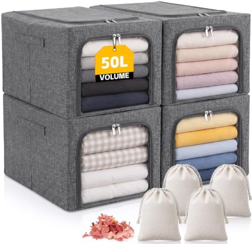 Lewtemi 50L 4 Pack Clothing Storage Bags with Cedar Sachets, Large Sweater Organizer, Breathable Fabric Containers for Clothes, Bedding & Blankets, Closet & Under Bed Storage (Gray,Classic) by Lewtemi