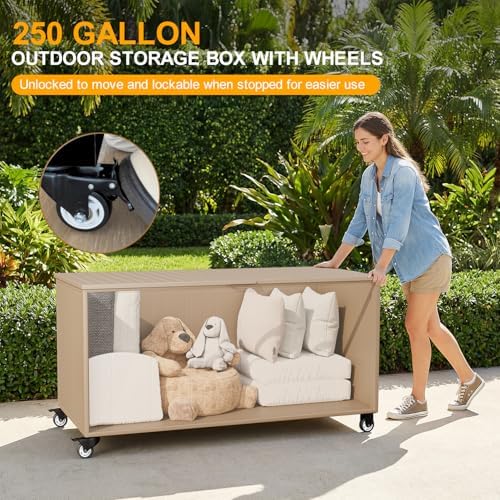 250 Gallon Metal Large Outdoor Deck Box with 4 Wheels, Brown - Image 2