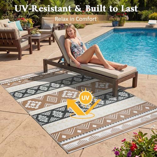 famibay Outdoor Rug Reversible Portable Plastic Straw Camping Rugs, Large Waterproof Outdoor Area Rugs for Patio, RV, Backyard, Deck, Balcony, Picnic, Beach 8x10 Brown - Image 4