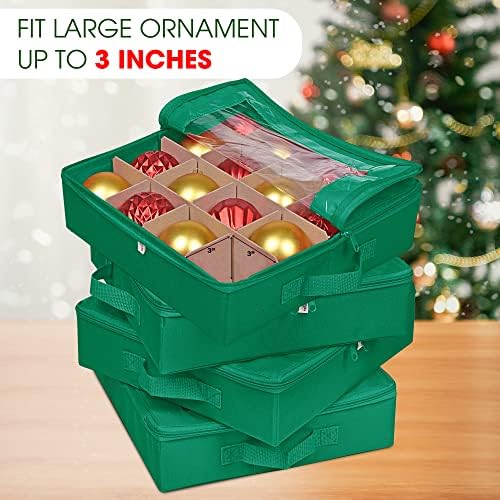 ProPik 4 Pcs Christmas Ornament Storage Boxes with Dividers | 4 Individual Trays Hold 64 Holiday Decoration Balls | Durable Ornaments Organizer Storage Box | Zippered Closure with Handles (Green) - Image 4