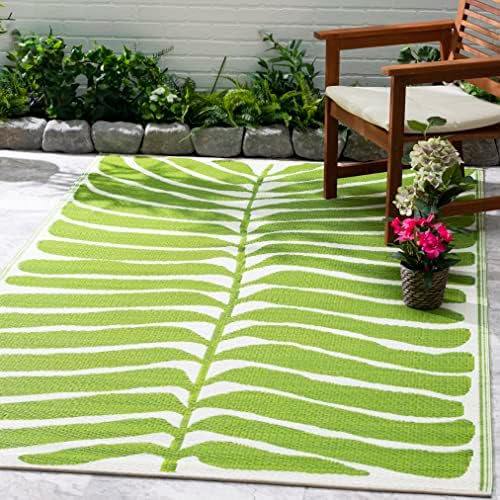 Fab Habitat Outdoor Rug - Waterproof, Fade Resistant, Crease-Free - Premium Recycled Plastic - Tropical Leaf Botanical - Patio, Deck, Porch, Balcony, Laundry Room - Hilo - Green - 4 x 6 ft by FabHabitat