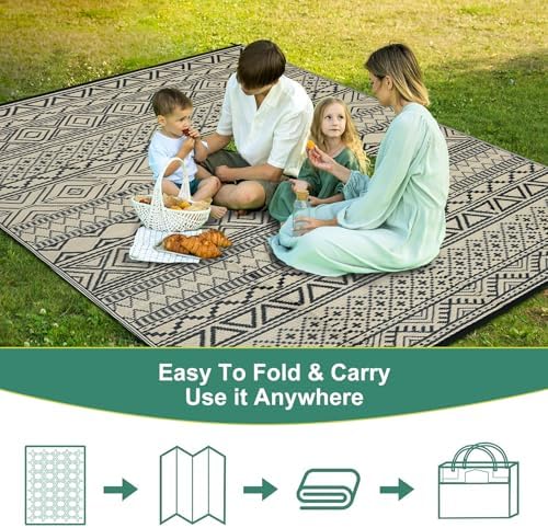 GAOMON Outdoor Rug Waterproof 8'x10', Reversible Outdoor Plastic Straw Rug, Boho Patio Rug, Indoor Outdoor Carpet, RV Mat Outside for Patio, Camp, Picnic, Balcony, Deck, Black/Coffee(Bohemia) - Image 4