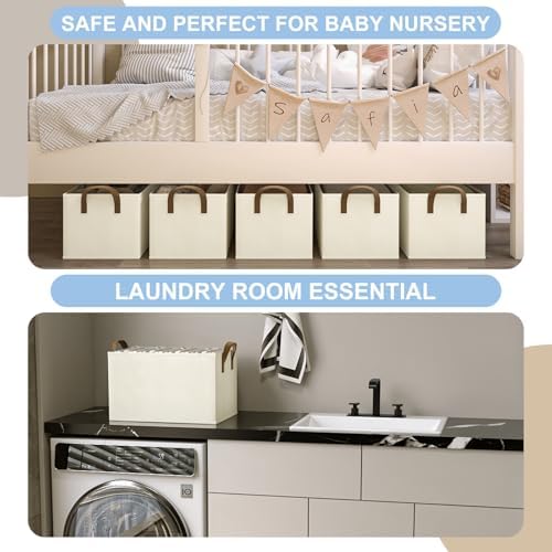 Closet Storage Bins, Fabric Closet Organizers and Storage Basket for Shelves, Collapsible Shelf Baskets for Organizing Shelves, Bedroom Clothes Basket, Beige, 3 Pack - Image 4