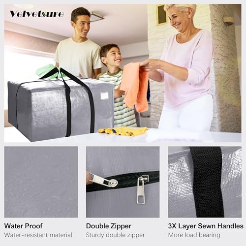 VELVETSURE 12 Pack Heavy Duty Extra Large Moving Bags W/Backpack Straps - Strong Handles & Zippers, Storage Totes For Space Saving, Fold Flat, Alternative to Moving Box and Storage Bin, Silver - Image 3