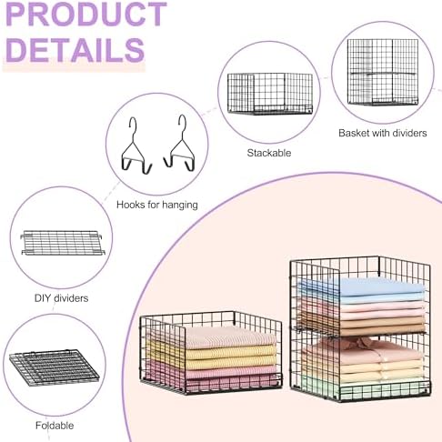 6 Tier Hanging Closet Organizers and Storage Stackable Hanging Closet Shelves with 4 Hooks 2 Adjustable Dividers, Wire Storage Basket Bins for Clothing Purse Sweaters Shoes Socks Dolls, Foldable - Image 4