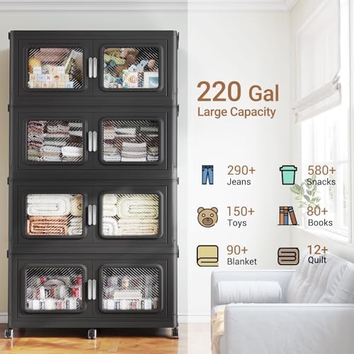 BROVIEW 440Gal Storage Bins, 1760Qt Extra Large Stackable Storage Box with Lids & Wheels - Heavy Duty Collapsible Plastic Cabinets, Open Front Door for Sundries in Home & Office, Black 8 Pack - Image 6