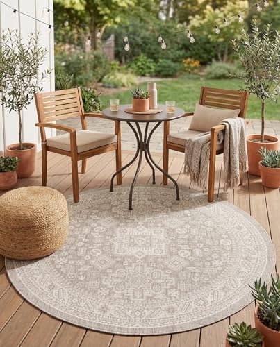 Rugs.com - Outdoor Aztec Rug – 8 Ft Round Light Gray Indoor/Outdoor Rug – Stain-Resistant, Washable, Perfect for Patios, Decks, and Porches by Rugscom