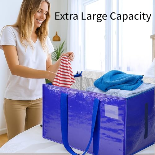8 Pack-Extra Large Heavy Duty Moving Bags - Waterproof Storage Totes with Handles & Zippers, Foldable for College Dorm, Storage (Blue) - Image 4