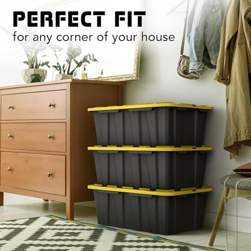 8 PACK of 12 Gallon Medium Black & Yellow Storage Bins | Plastic Tote Organizing Container with Secure Latching Lids, Stackable, Extra Strength with Built in Handle | 24.5" x 16.5" x 9" - Image 6