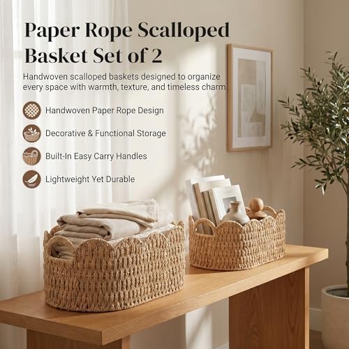 Scalloped Woven Storage Basket Set of 2 – Handwoven Paper Rope Organizer Bins with Handles for Shelves, Towels, Toys, Laundry & Nursery Storage – Decorative Boho Farmhouse Basket Set - Image 2