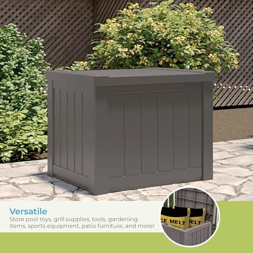 Suncast 22-Gallon Small Deck Box - Lightweight Resin Indoor/Outdoor Storage Container and Seat for Patio Cushions and Gardening Tools - Store Items on Patio, Garage, Yard - Stone Gray, Made in the USA - Image 4