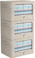 FHSQX 3 Pack Clothes Storage Bins - Foldable Metal Frame Storage Box - Stackable Linen Fabric Container Organizer Set with Carrying Handles and Clear Window (Beige, 19.7x15.7x13inch(66L)) by FHSQX