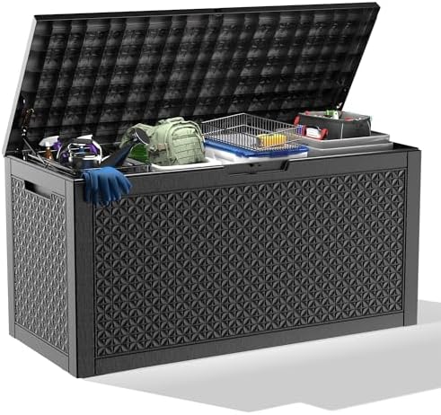 Outdoor Waterproof Resin Storage Deck Box Lockable Outside Bench UV Resistant Bin Patio Porch Furniture Pool Float Garden Tool Cushion (Black, 110 Gallon) by MAIUSCOLI