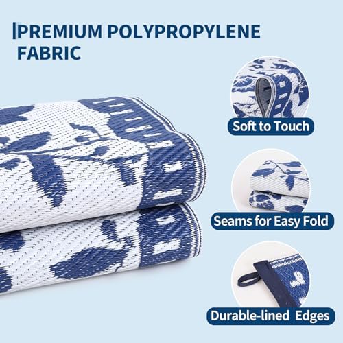 Garvee Camping Rugs for Outside Your RV 10x14 Floral Patio Rugs,Navy＆White - Image 5