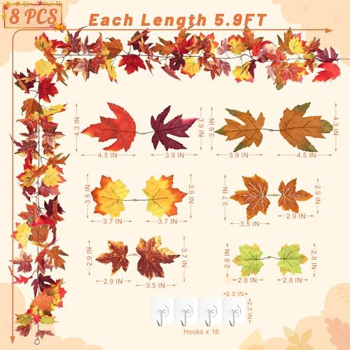 Helimoto Fall Outdoor Garland, 8 Pack 47.2 FT Hanging Fall Garland, Artificial Maple Indoor Autumn Leaves Garlands, Fall Decorations for Home Thanksgiving Decor Wedding Party Wall Fireplace Mantle - Image 2