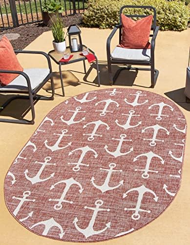 Unique Loom Outdoor Coastal Collection Area Rug - Ahoy (3' 3" x 5' 3" Oval, Rust Red/Ivory) by UniqueLoom