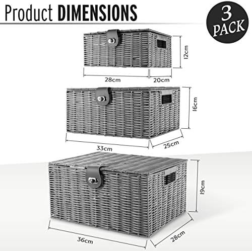 ARPAN Set of 3 Resin Woven Utility Storage Basket Box With Lid & Lock (Grey) - Image 2