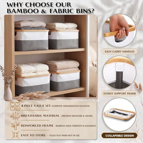 Hushee 4 Pack Bamboo Fabric Storage Bins for Shelves, 15"x10"x7.9" Collapsible Storage Baskets for Organizing, Two-Tone Foldable Bins for Clothes, Towels, Linens(White with Grey) - Image 3