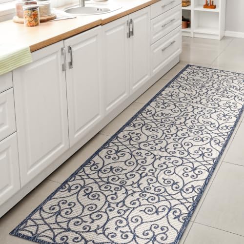 Eyely Filigree Textured Weave Runner Rug 2X8 Blue/Cream, Indoor Outdoor Rug by eyely